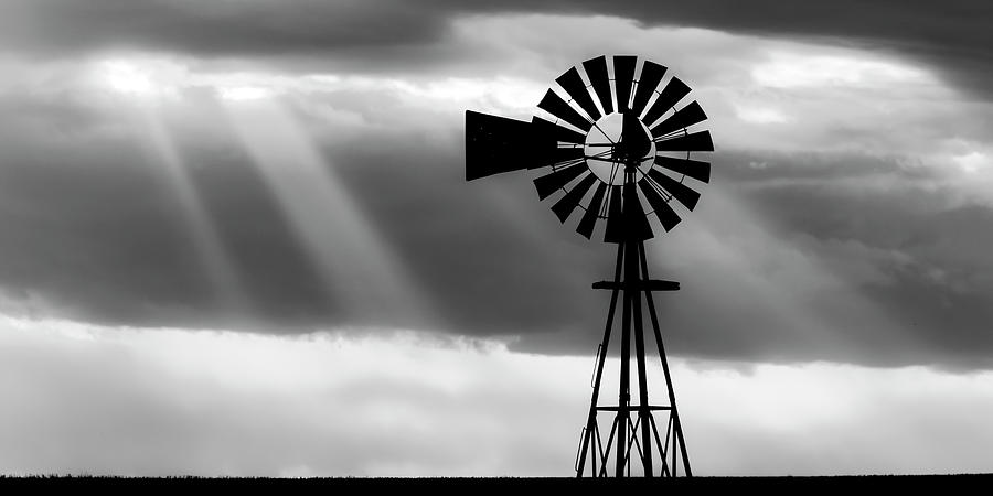 BW Windmill and Crepuscular Rays -01 Photograph by Rob Graham