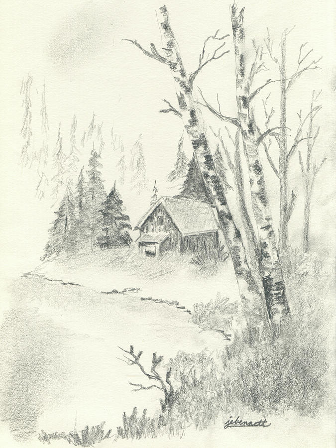 Cabin At Lake Drawing By John Bennett