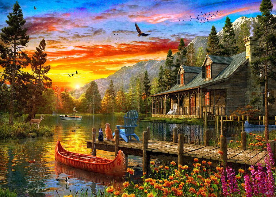 Cabin Evening Sunset Painting by MGL Meiklejohn Graphics Licensing