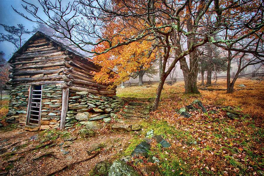 Cabin in an Autumn Fog Photograph by Dan Carmichael