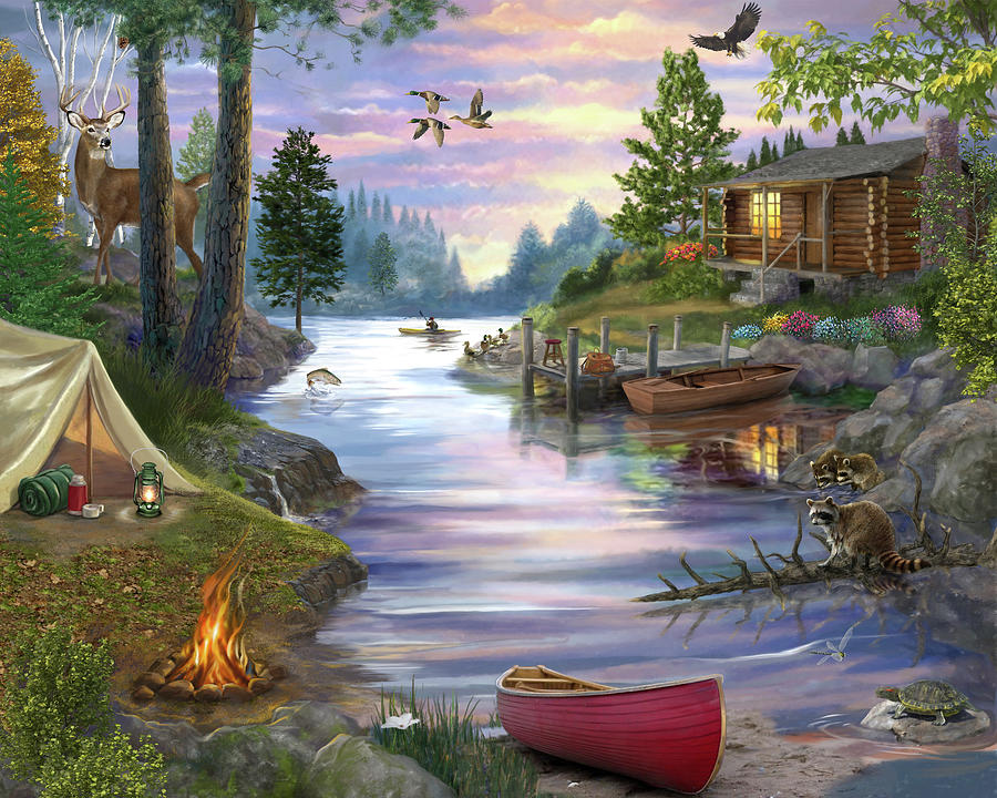 Landscape Painting - Cabin Lake by Bigelow Illustrations