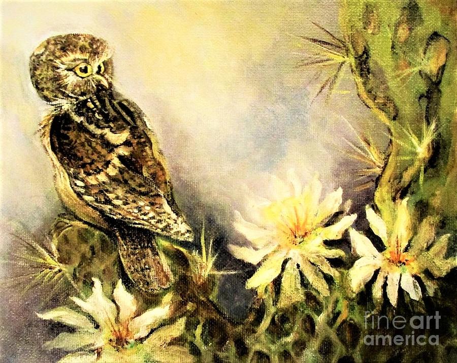 Cactus Owl Painting by Linda Shackelford