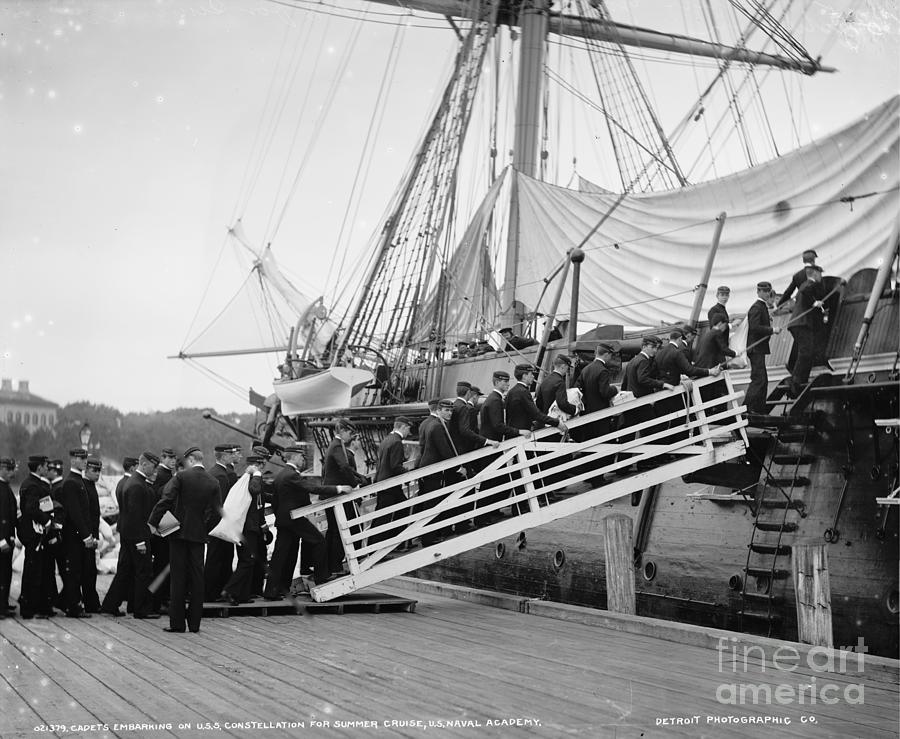 Cadets Embarking On U.s.s. Constellation For Summer Cruise, U.s. Naval Academy, Annapolis, Maryland, C.1890-1901 (b/w Photo) Photograph by Detroit Publishing Co