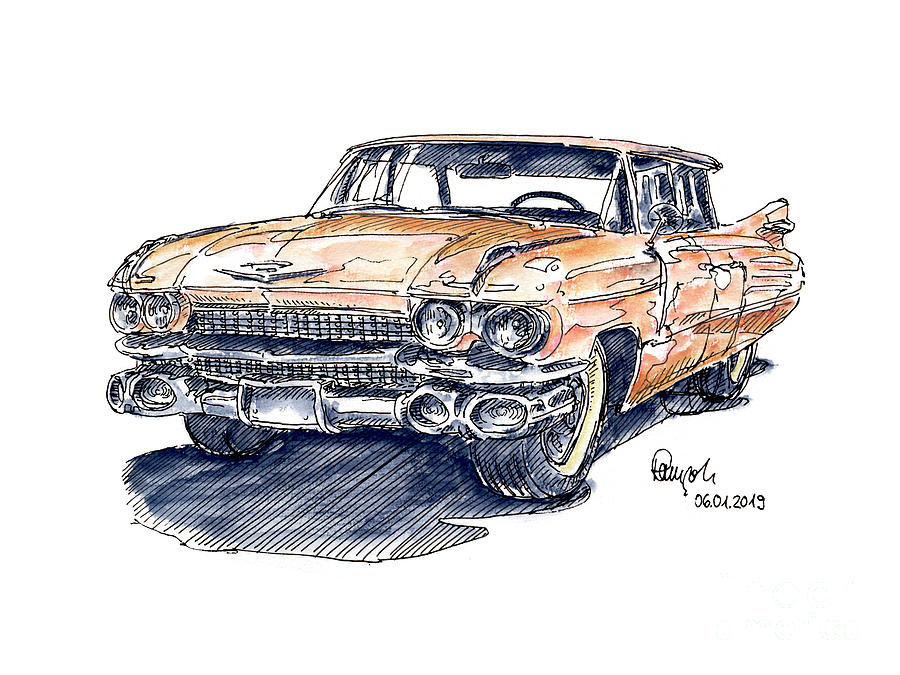 Cadillac Series 62 Sedan Classic Car Ink Drawing and Watercolor Drawing