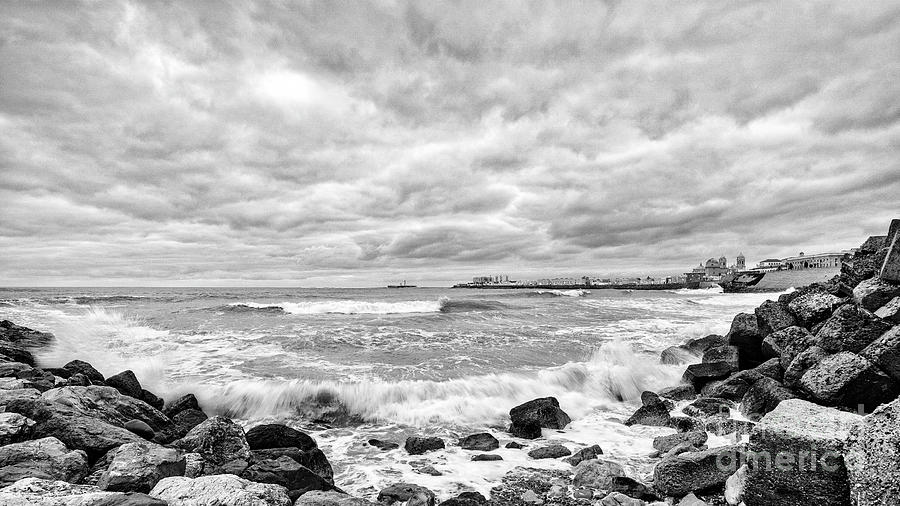 Cadiz Skyline from Santa Maria del Mar Beach Spain Black and White Photograph by Pablo Avanzini