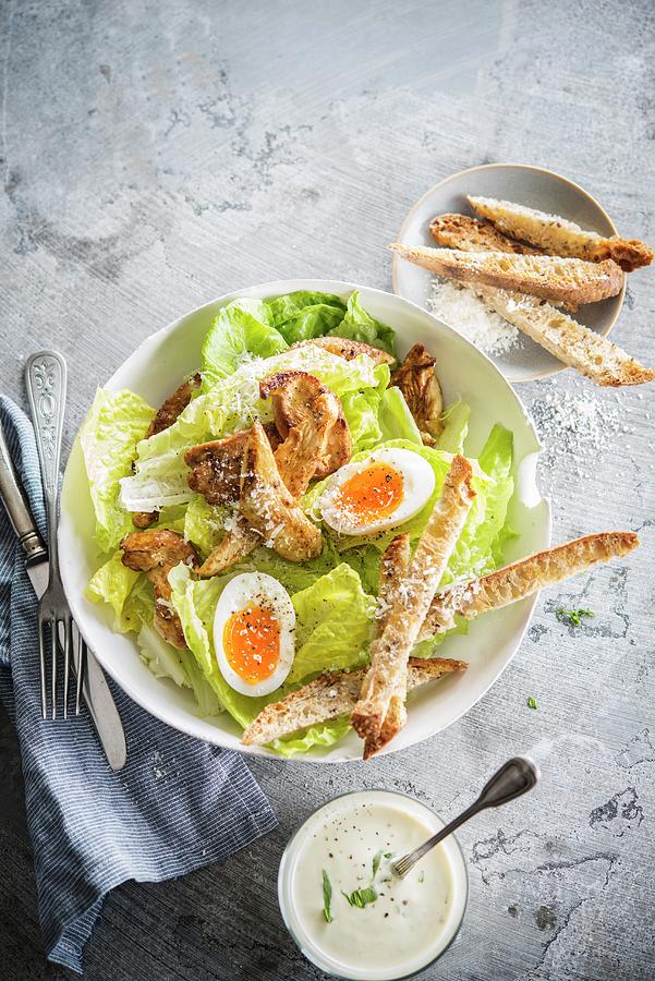 Caesar Salad, Bread Fingers And Fresh Herb Creamy Sauce Photograph by Thys