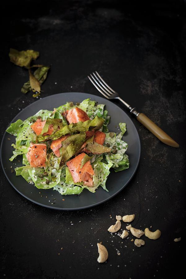 Caesar Salad With Crisp Algae Bacon And Salmon Photograph by Jan Wischnewski