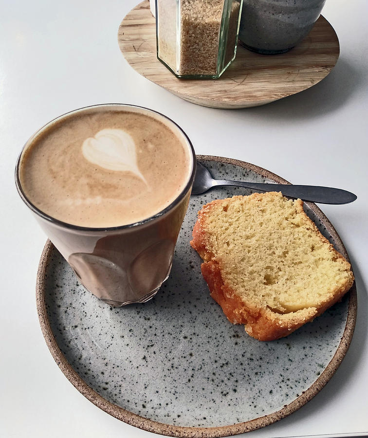 CAFE. Latte and Cake.  Photograph by Lachlan Main