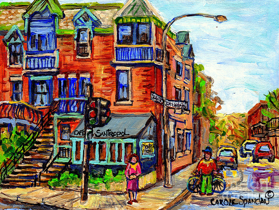 Cafe Santropol Corner Rue Duluth At St Urbain Montreal Cityscene Painting C Spandau Canadian Artist Painting by Carole Spandau