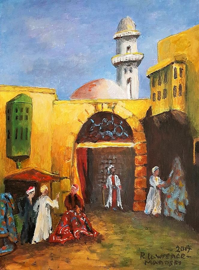 Oil Painting - Cairo Street With Rug Merchant by R Lawrence