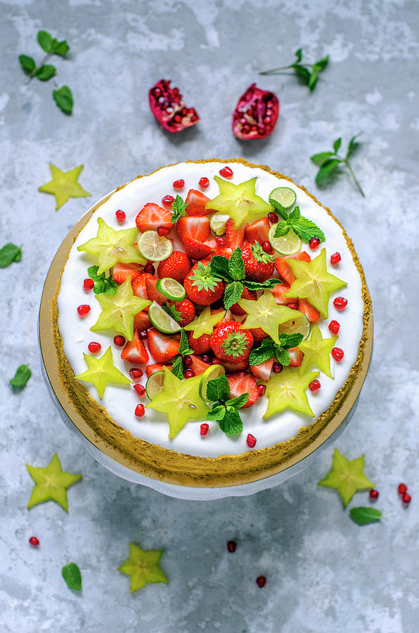 Cake Decorated With Strawberries, Limequat, Star Fruit And Mint Photograph by Gorobina