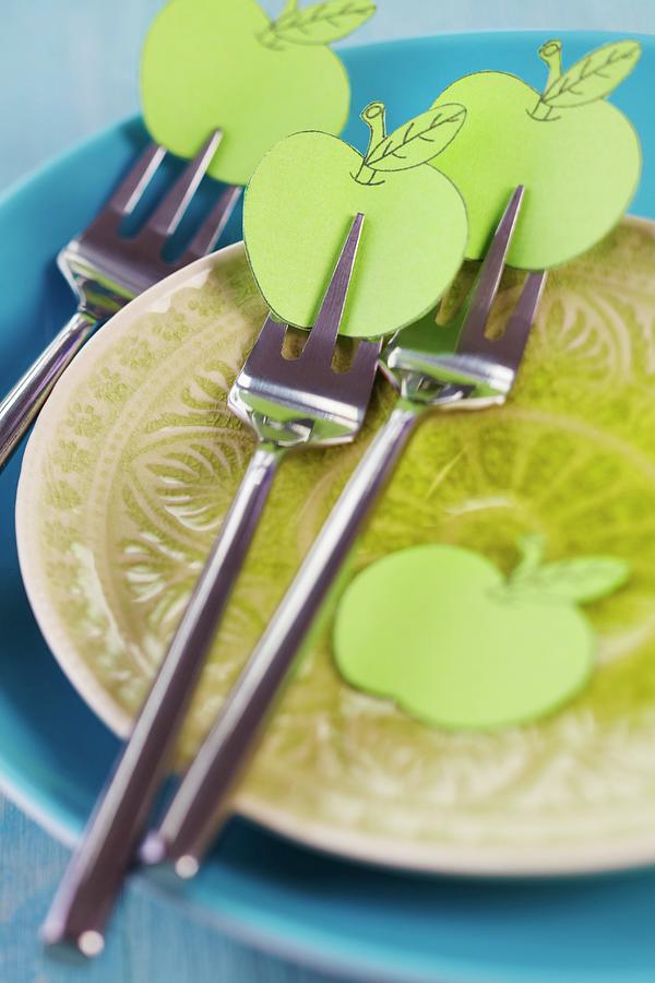 Cake Forks On Plate Decorated With Paper Apples Photograph by Franziska Taube