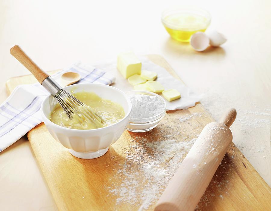 Cake Mixture With Baking Ingredients And A Rolling Pin Photograph by Jim Norton
