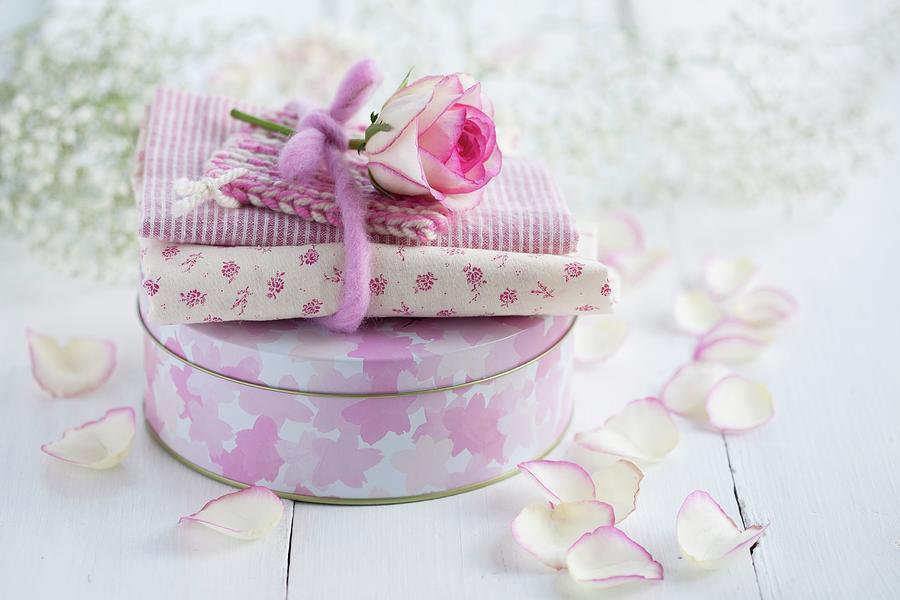 Cake Tin Decorated With Floral Fabric And Rose Photograph by Martina Schindler