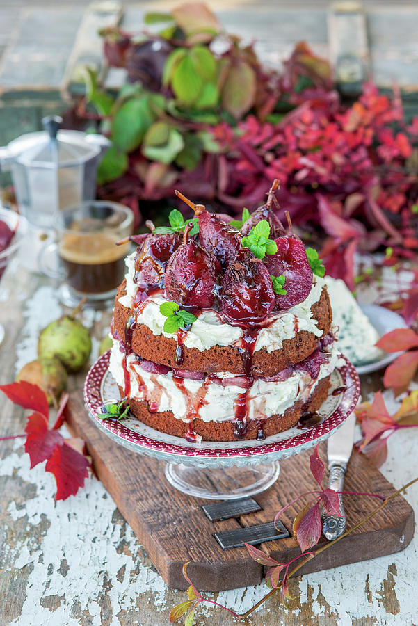 Cake With Blue Cheese Cream And Poached Pears In Red Wine Photograph by Irina Meliukh