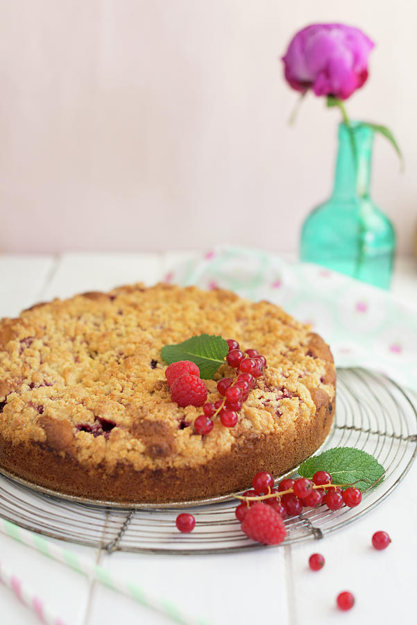 Cake With Raspberries And Redcurrants Photograph by Chatelain