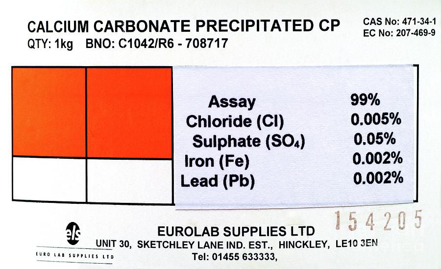 Calcium Carbonate Label Photograph by Martyn F. Chillmaid/science Photo Library