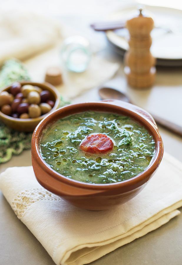 Caldo Verde potato And Green Kale Soup, Portugal With Chorizo Photograph by Joana Leito