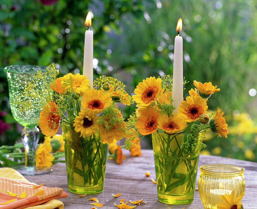 Calendula, Foeniculum In Glasses With Candles Photograph by Friedrich Strauss