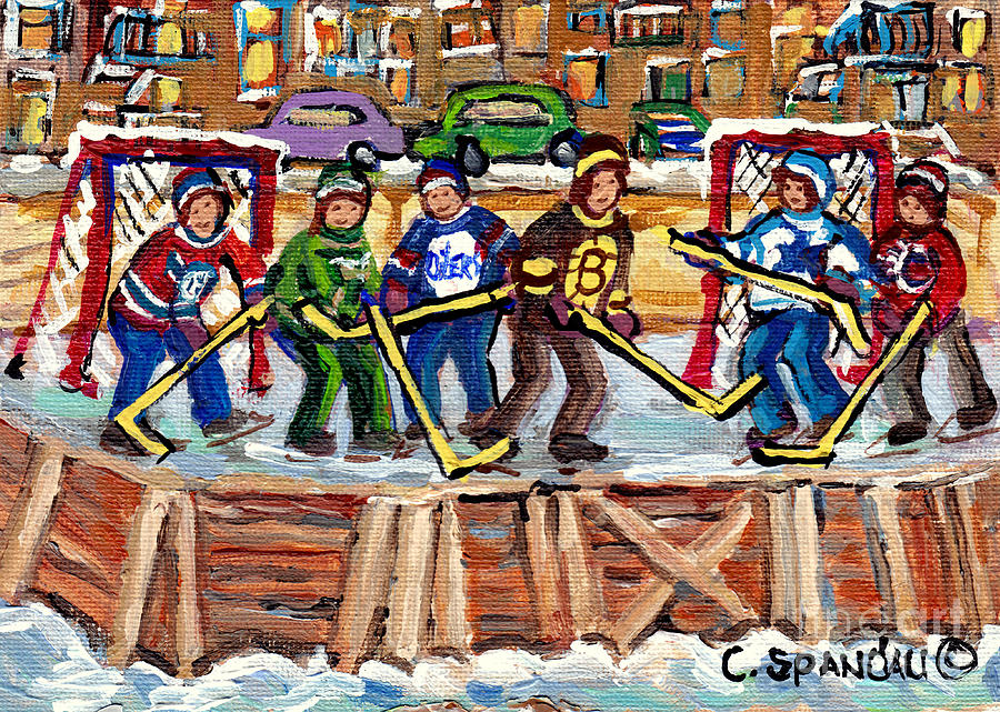 Calgary Flames Ottawa Sens Toronto Leafs Canadiens Oilers Boston Bruins Hockey Art Outdoor Rinks Painting by Carole Spandau