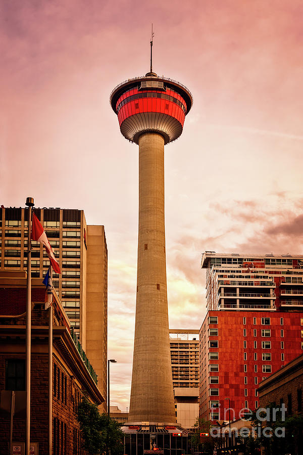 Sunset Photograph - Calgary tower at sunset by Delphimages Photo Creations