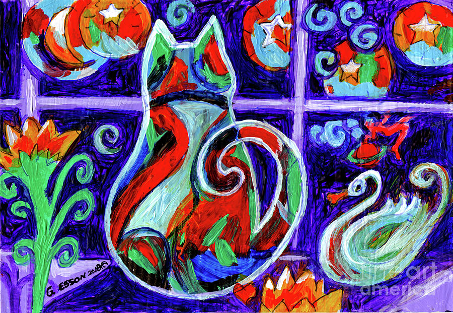 Calico Cat In Purple Moonlight Painting by Genevieve Esson