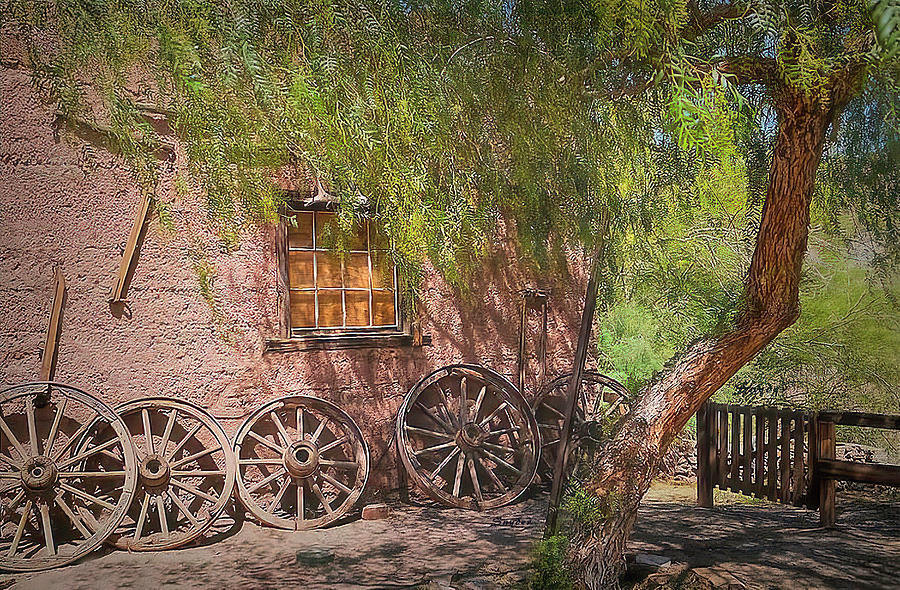 Calico Ghost Town Wagon Wheels Painting Painting by Barbara Snyder