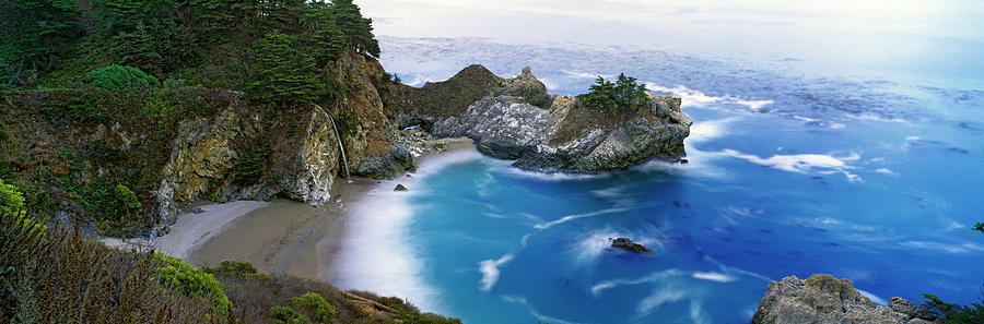California, Big Sur, Pacific Ocean, Waterfall In Mcway Cove, Julia Pfeiffer Burns State Park Digital Art by Pietro Canali