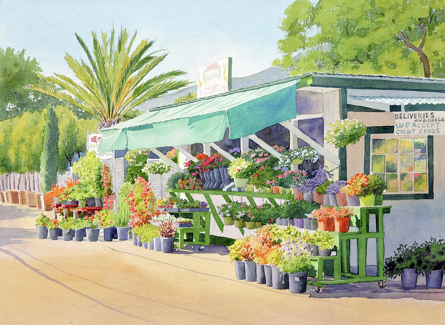 California Flower Stand Painting by Mary Helmreich