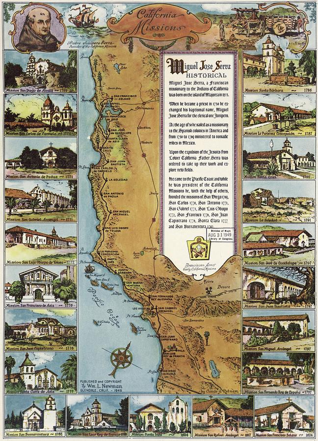 California Missions Antique Pictorial Map 1949 Drawing by History ...