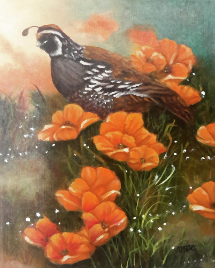 California Quail and Poppies Painting by Sherry Strong