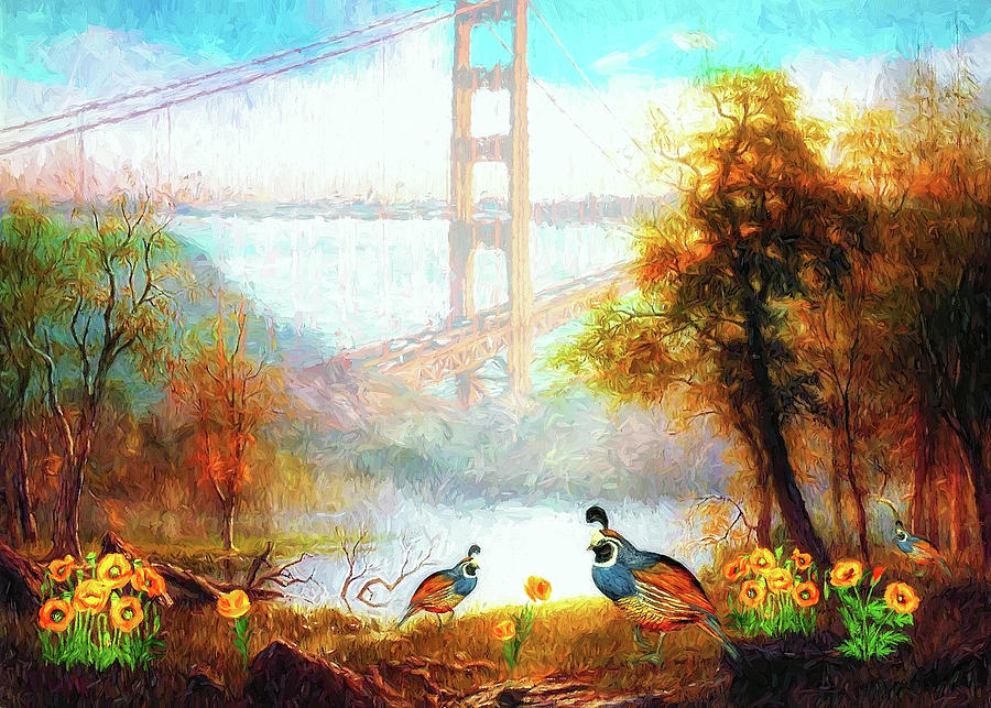 California Quail Poppies and Golden Gate Digital Art by Doreen Erhardt