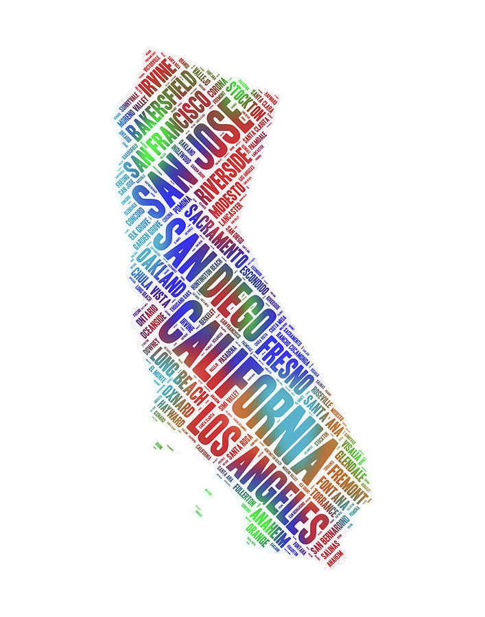 California State Word Art Map with Cities Digital Art by Peggy Collins