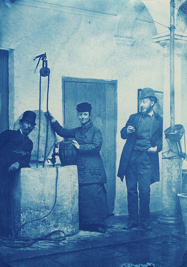 Calla Curman and two unidentified men at a well  probably in Andalusia, Cyanotype  Painting by Celestial Images