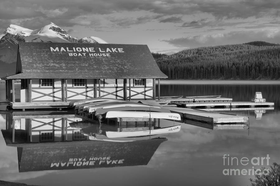 Calm Summer Afternoon At Maligne Lake Black And White Photograph by Adam Jewell