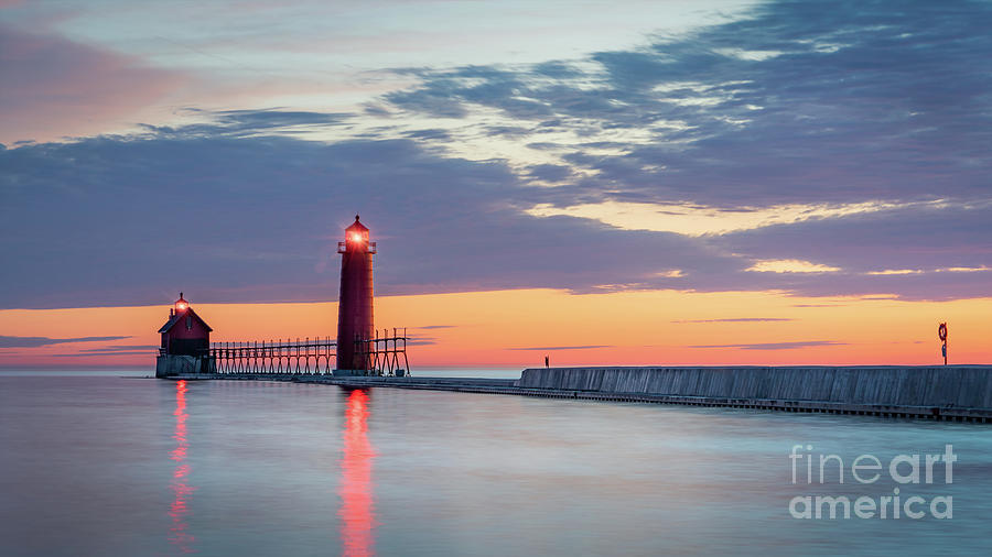 Calm Sunset at Grand Haven Lighthouses, Michigan Photograph by Liesl Walsh