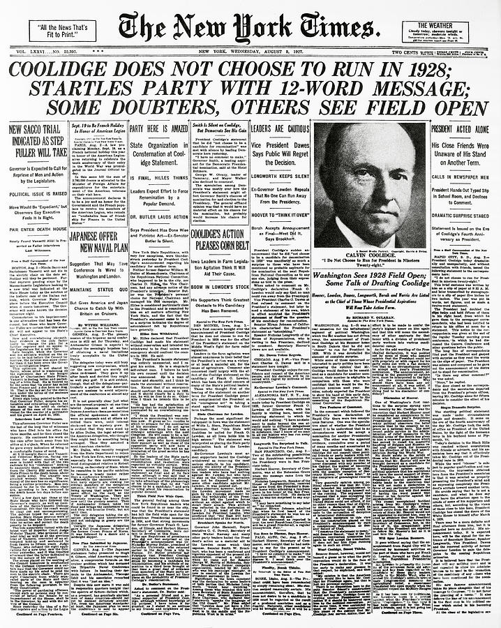 Calvin Coolidge On New York Times Cover Photograph by Bettmann