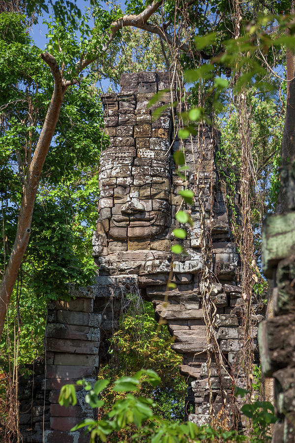 Cambodia, Banteay Meanchey Province, Khmer Stone-faced Gate At The Overgrown Stone Ruins Of Banteay Chhmar In The Jungle Digital Art by Simon Toffanello