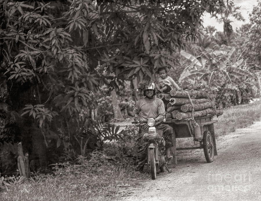 Cambodian Man and Child Load Trans Wood Sepi  Photograph by Chuck Kuhn