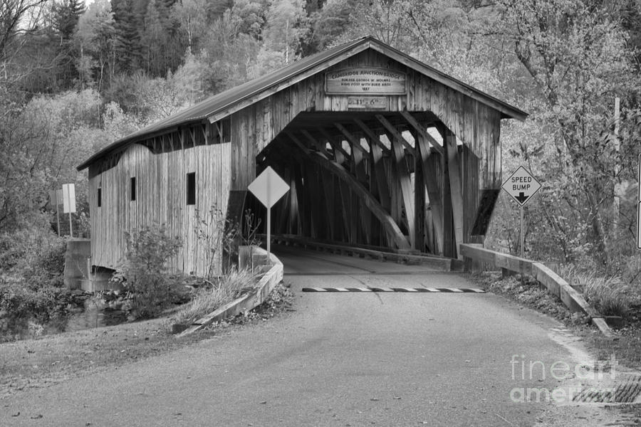 Cambridge Junction Covered Bridge Fall Landscape Black And White Photograph by Adam Jewell