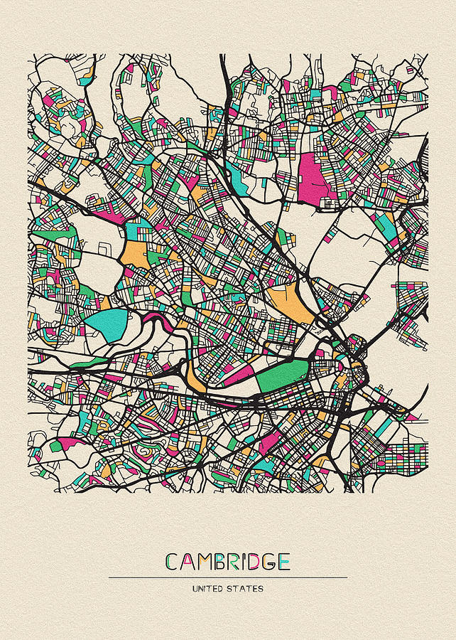 Cambridge, Massachusetts City Map Drawing by Inspirowl Design