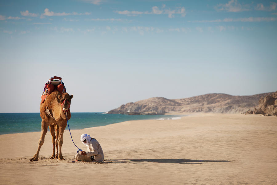 Camel And Guide Sit On White Sandy Photograph by Justin Lewis