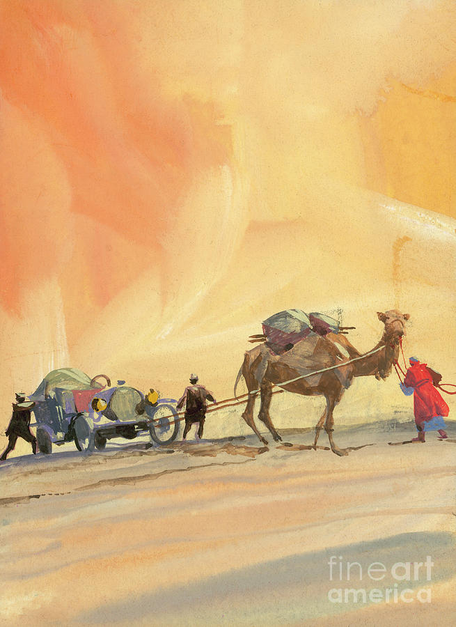 Camel pulling a vintage automobile Painting by Ferdinando Tacconi