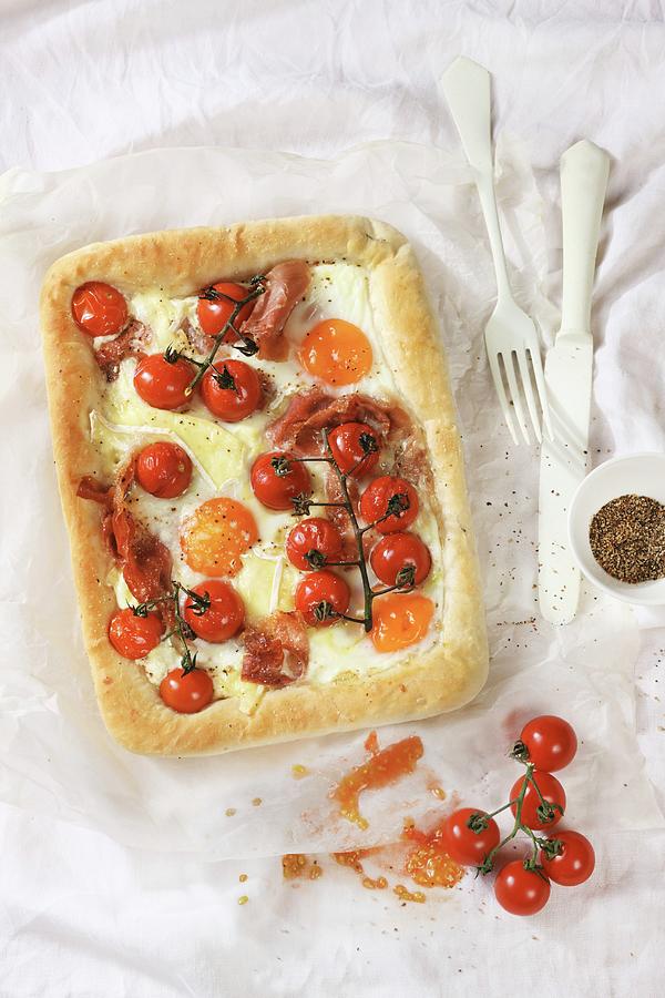 Camembert Cake With Eggs And Tomatoes Photograph by Zita Csig
