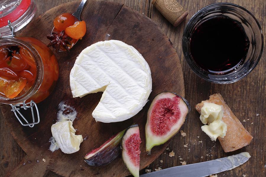 Camembert, Chutney And Figs On A Wooden Board seen From Above Photograph by Frank Weymann