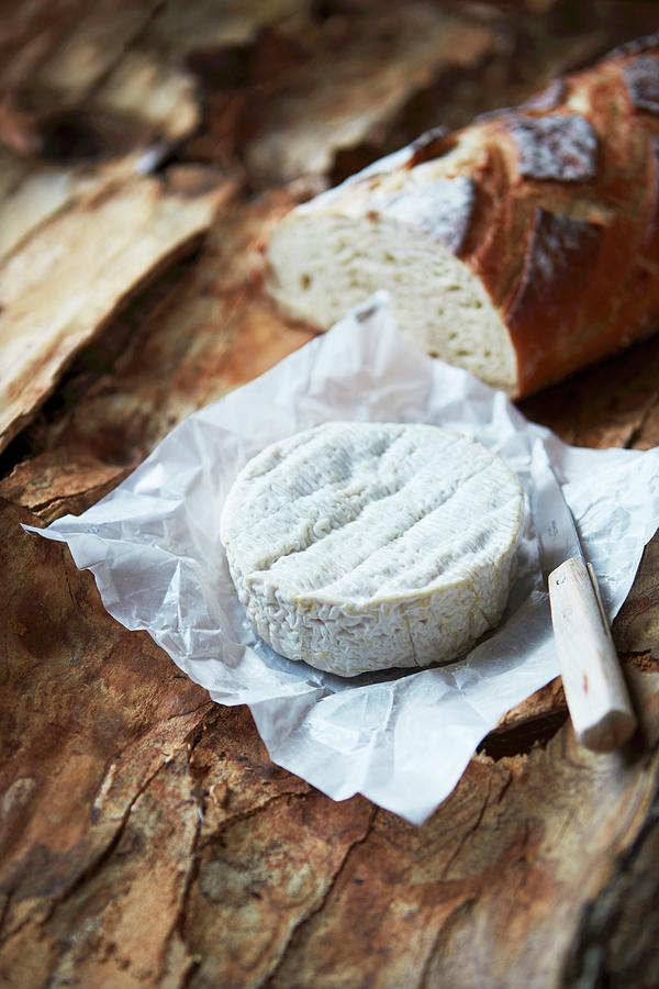 Camembert In Its Paper, Knife And Bread Photograph by Kanako