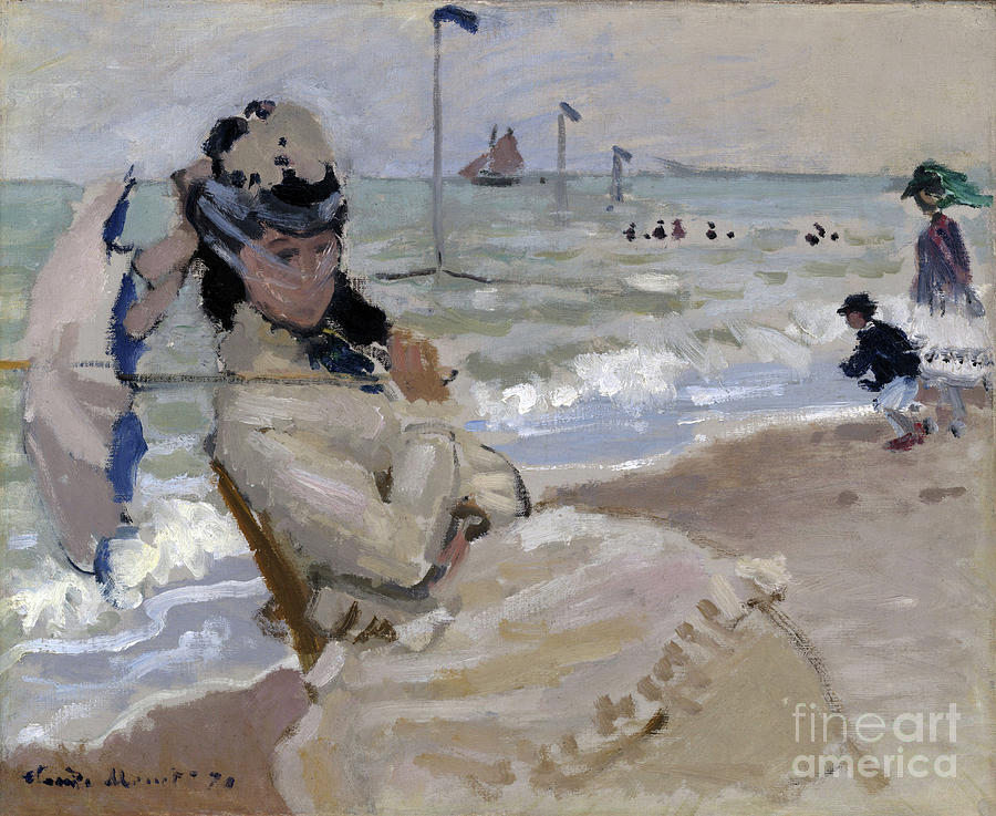 Camille On The Beach In Trouville, 1870 (oil On Canvas) Painting by Claude Monet