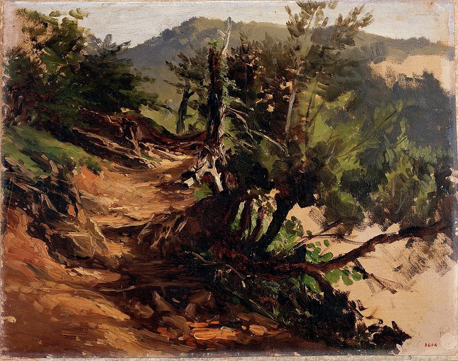 Camino en el bosque -Asturias-, ca. 1874, Spanish School, Paper, 31,5 cm x 40... Painting by Carlos de Haes -1829-1898-