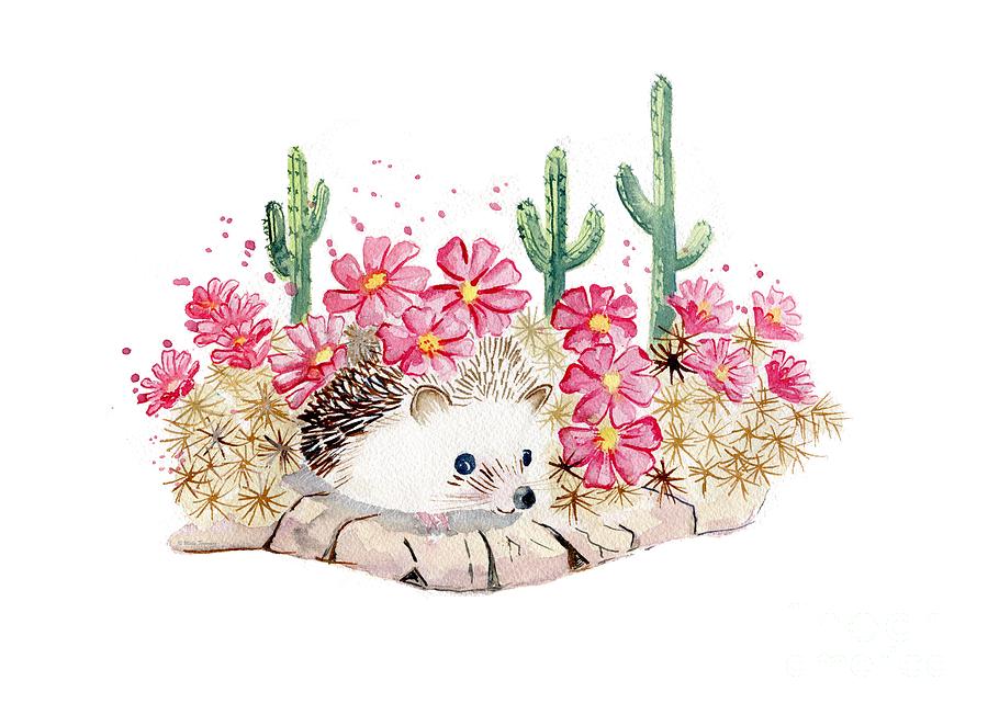 Flower Painting - Camouflage - Hedgehog and Cactus by Melly Terpening