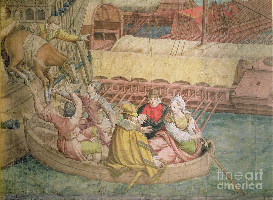 Horse Painting - Campaign Of Emperor Charles V Against The Turks At Tunis In 1535: The Battle Of Goletta, Detail Of A Horse Being Lowered Into A Boat, Cartoon For A Tapestry by Jan Cornelisz Vermeyen